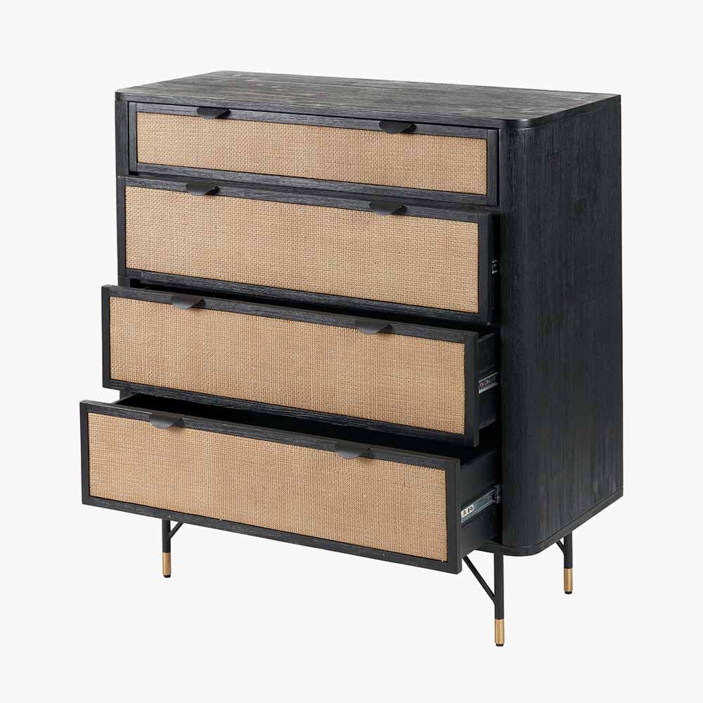 Fiji Black Acacia Wood and Natural Rattan 4 Drawer Unit.