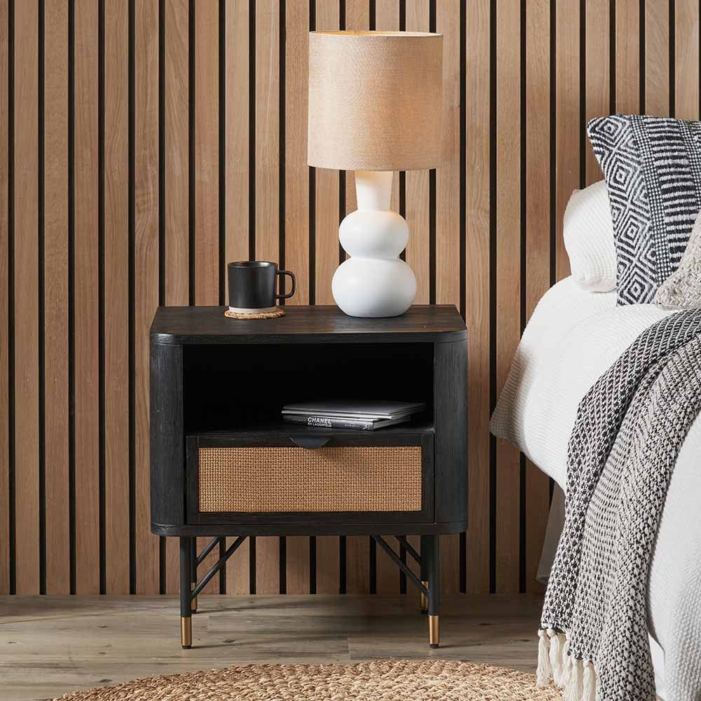 Fiji Black Acacia Wood and Natural Rattan Bedside Unit.