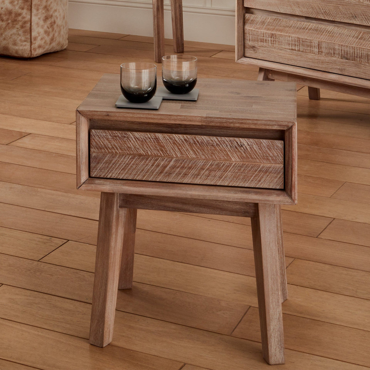 Kalmar Sand Wash Acacia Wood 1 Drawer Bedside Unit.
