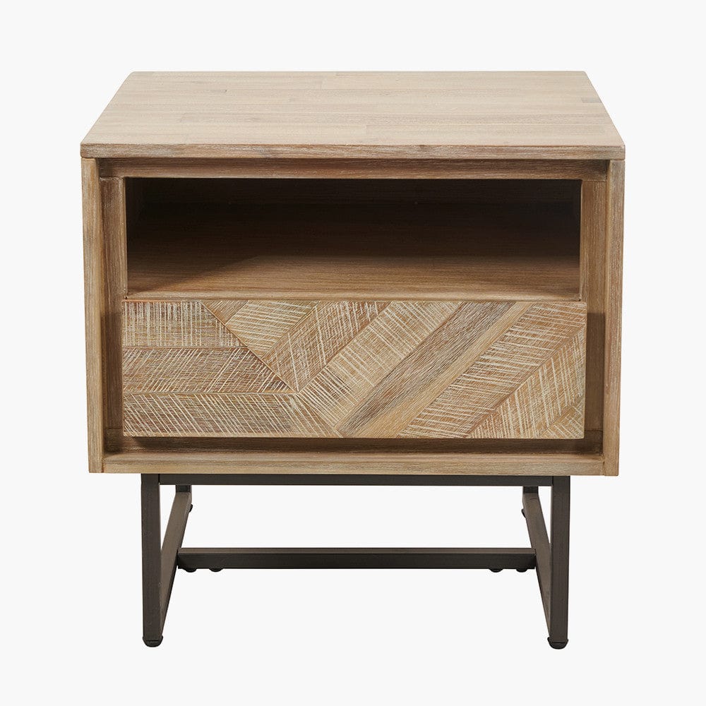 Marca Sand Wash Acacia Wood and Black Metal Bedside Unit.
