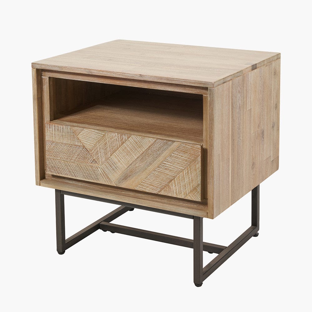 Marca Sand Wash Acacia Wood and Black Metal Bedside Unit.