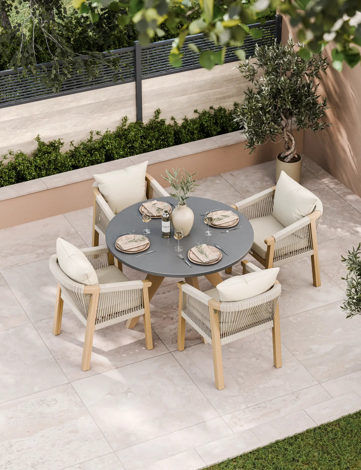 Luna 4 Seater Round Concrete Table Dining Set with Roma Rope Dining Chairs