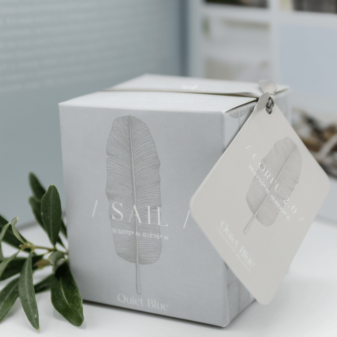 Quiet Blue Candle CORFU 2.0 Lime + Basil Wellbeing Candle House of Isabella UK