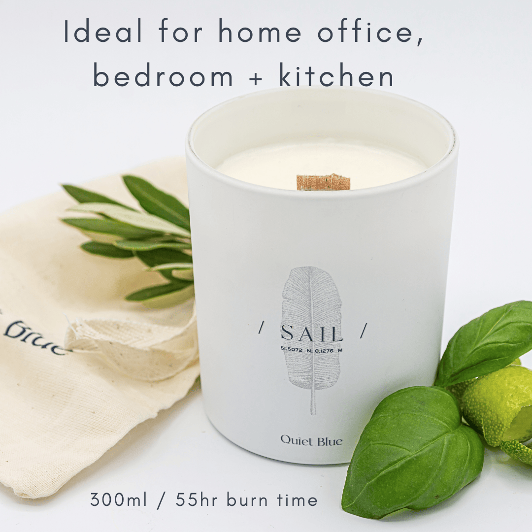 Quiet Blue Candle CORFU 2.0 Lime + Basil Wellbeing Candle House of Isabella UK