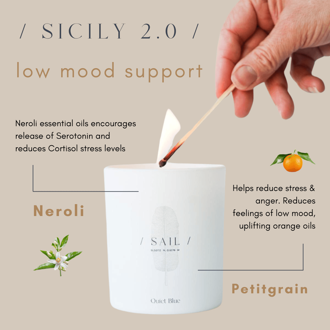 Quiet Blue Candle SICILY 2.0 Neroli + Petitgrain Wellbeing Candle House of Isabella UK