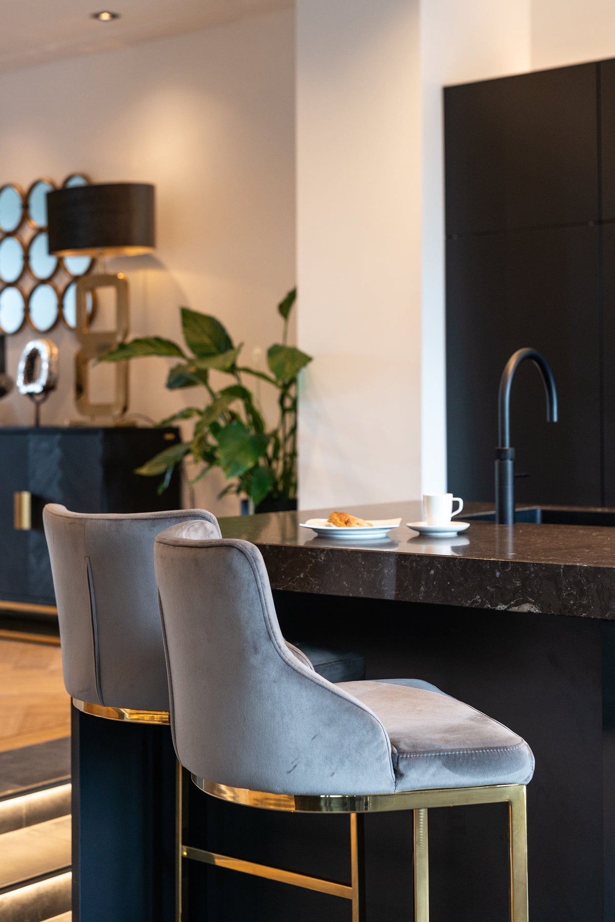 Richmond Interiors Dining Bar stool Bolton Khaki velvet / gold Fire Retardant House of Isabella UK