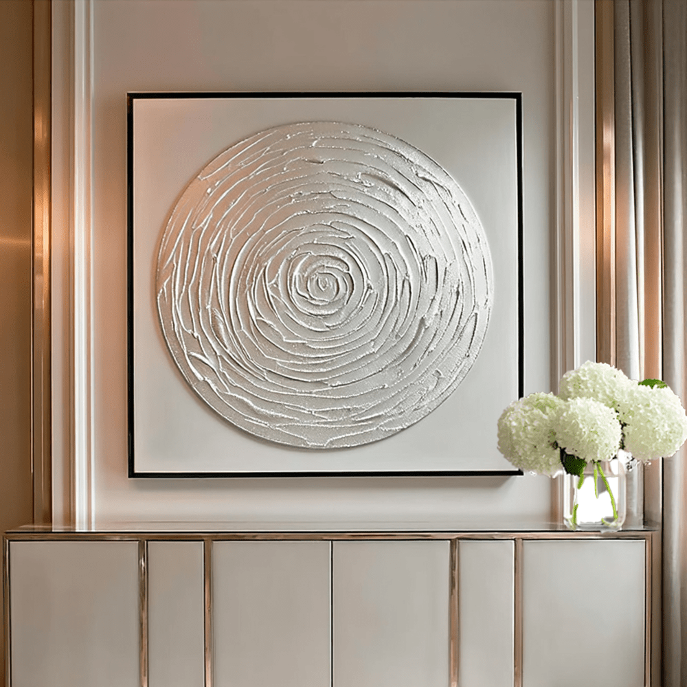 Rowen Homes Accessories Astratto Silver Textured Circle Canvas Wall Art with Black Frame House of Isabella UK