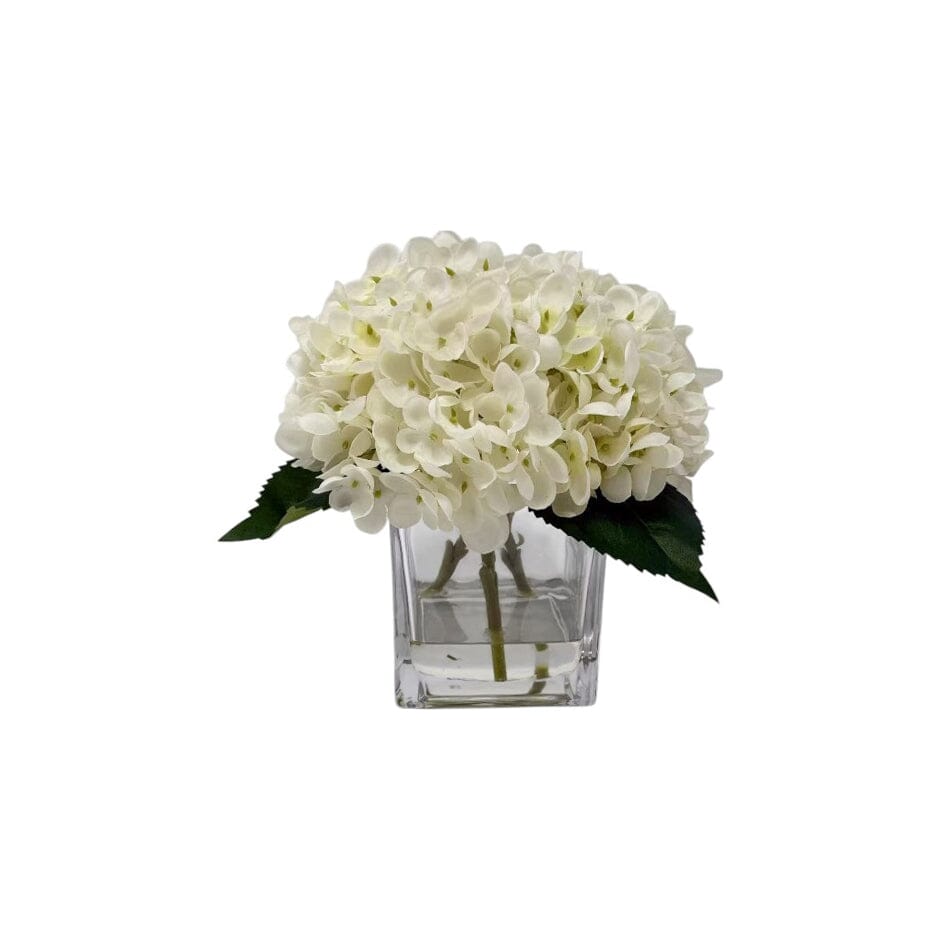 Rowen Homes Accessories Faux Cream Hydrangeas Floral Arrangement in Square Glass Vase House of Isabella UK