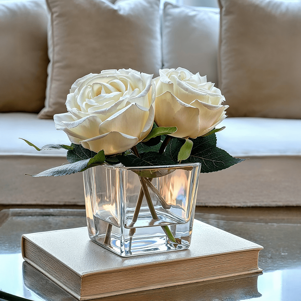Rowen Homes Accessories Mini Faux Cream Rose Floral Arrangement in Square Glass Vase House of Isabella UK