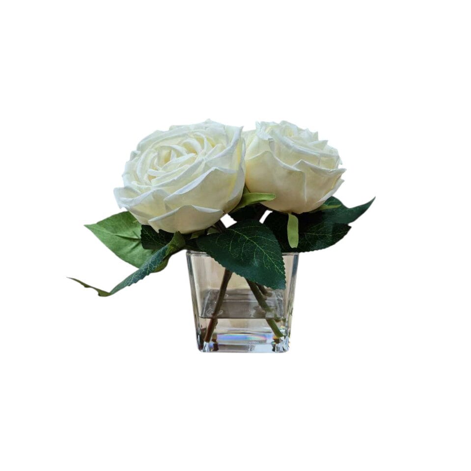 Rowen Homes Accessories Mini Faux Cream Rose Floral Arrangement in Square Glass Vase House of Isabella UK