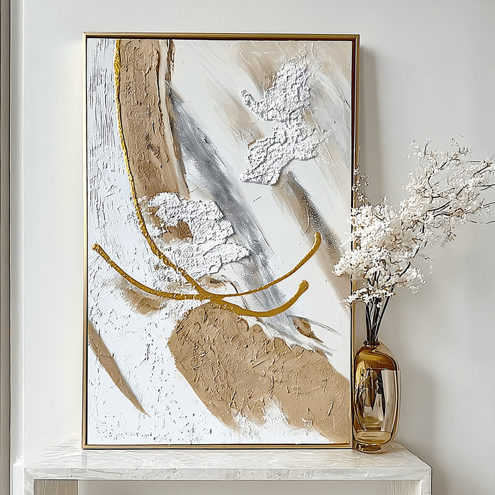 Rowen Homes Accessories Verona Cream, Taupe & Gold Abstract Paint Brush Effect Textured Canvas Wall Art House of Isabella UK