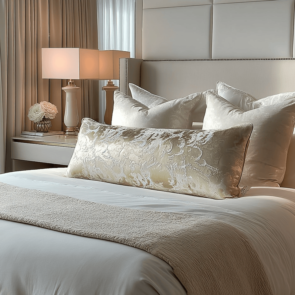 Rowen Homes Accessories Yasmin Gold & Cream Metallic Cloud Print Long Bolster Cushion - 90x35cm House of Isabella UK