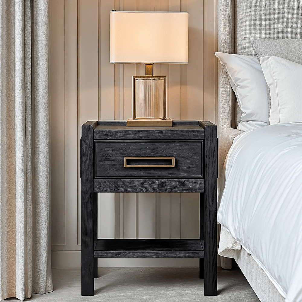 Rowen Homes Furniture Soho Black Oak Veneer 1 Drawer Bedside Table House of Isabella UK