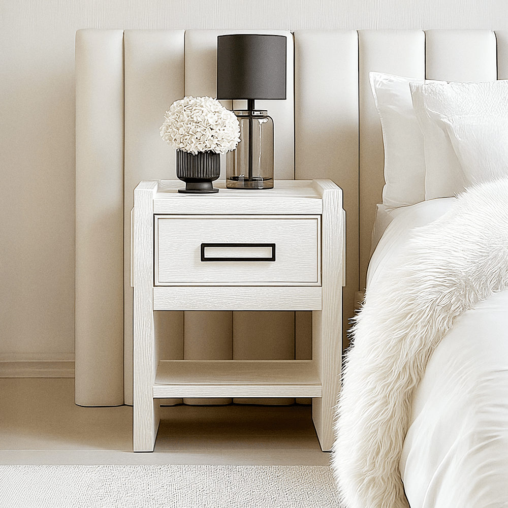 Rowen Homes Furniture Soho Cream Oak Veneer 1 Drawer Bedside Table House of Isabella UK