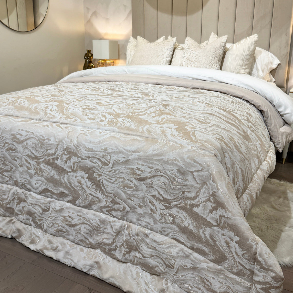 Rowen Homes Textiles Aurora Luxury Cream & Taupe Marble Effect Bedspread House of Isabella UK