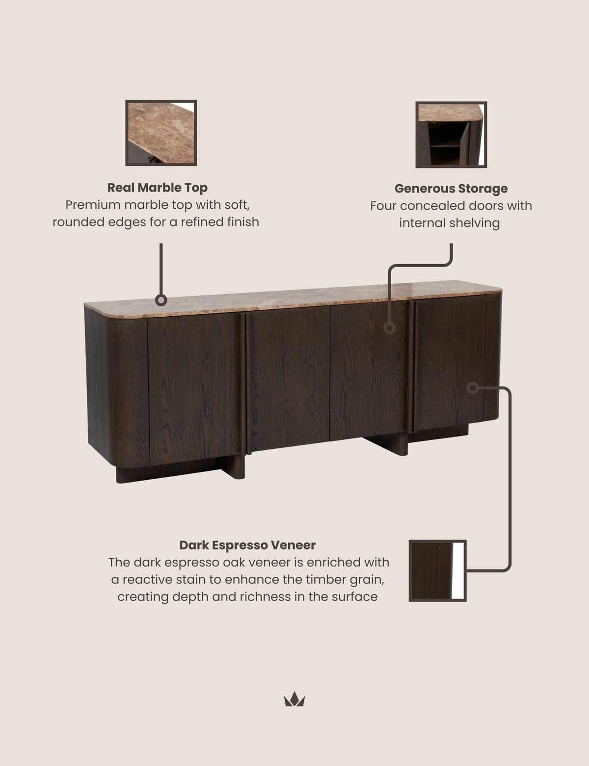 Royalcraft Indoor Furniture ROKA Dark Wood 4-Door Sideboard with Marble Top House of Isabella UK