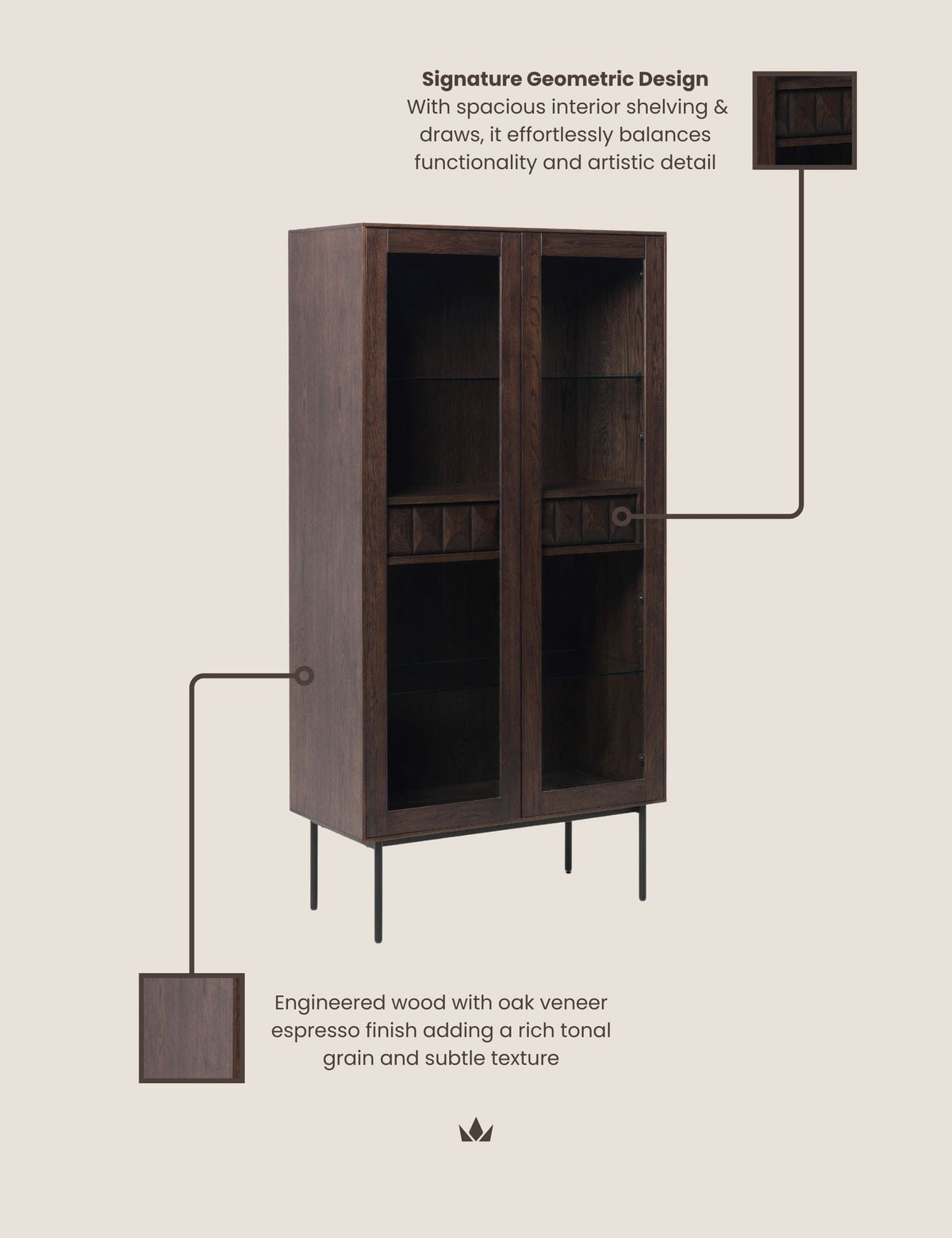 Royalcraft Indoor Furniture ROKA Dark Wood Geometric 2-Door Glass Cabinet House of Isabella UK