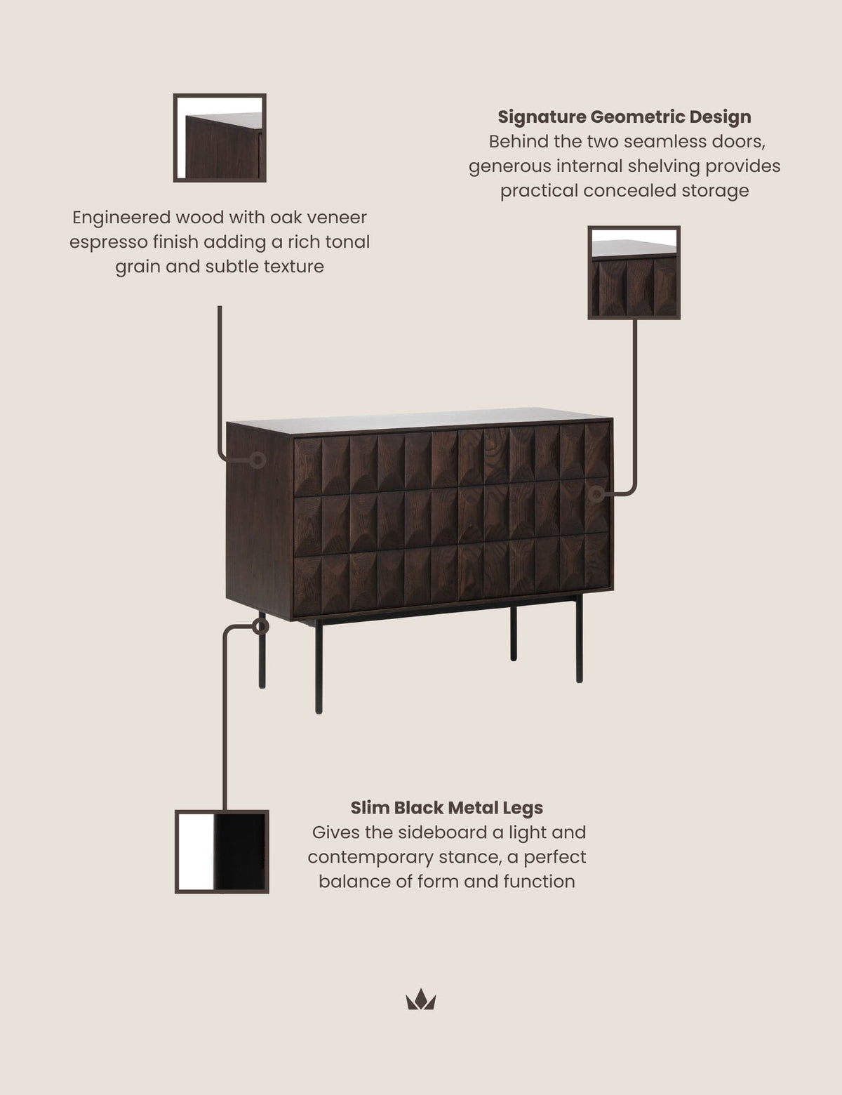 Royalcraft Indoor Furniture ROKA Dark Wood Geometric 2-Door Sideboard House of Isabella UK