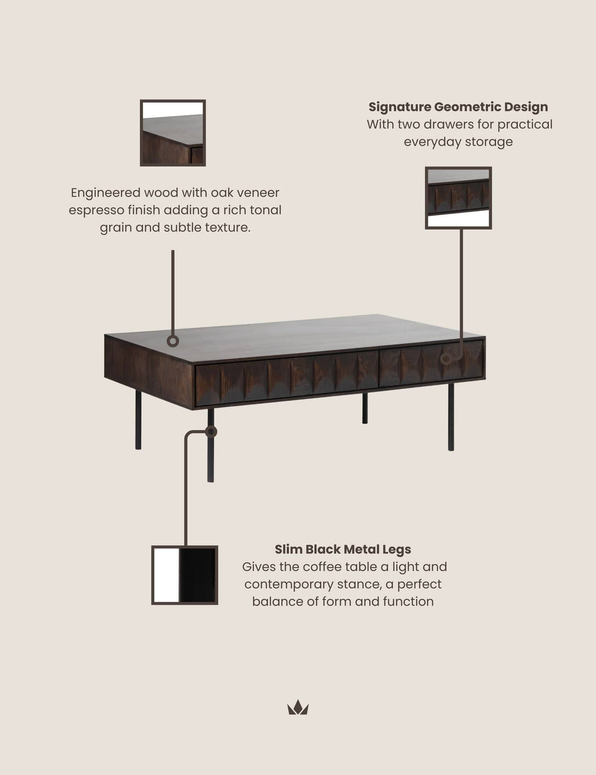 Royalcraft Indoor Furniture ROKA Dark Wood Geometric Coffee Table House of Isabella UK