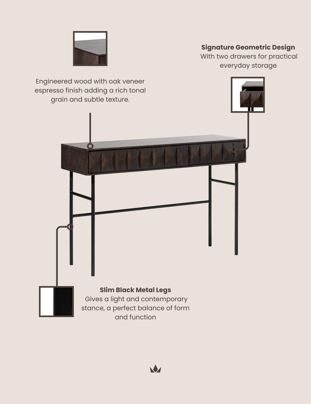 Royalcraft Indoor Furniture ROKA Dark Wood Geometric Console Table House of Isabella UK
