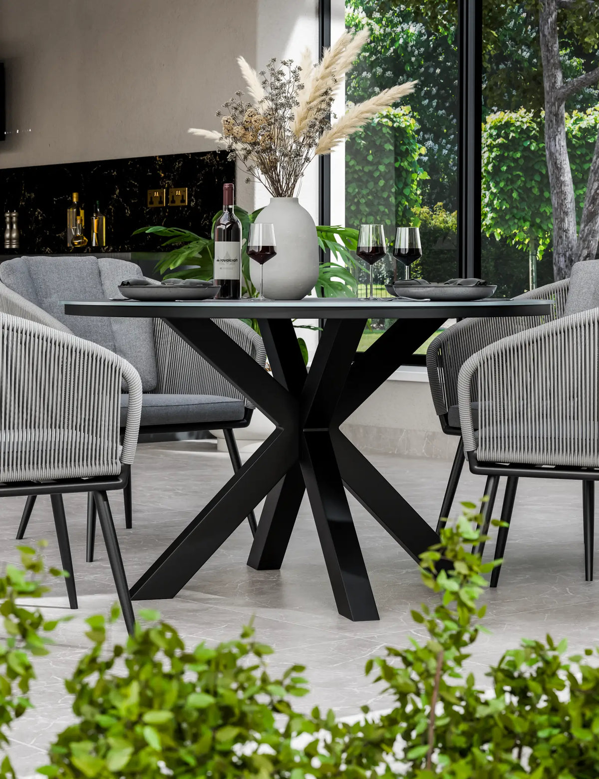 Royalcraft Outdoor Furniture Aspen 4 Seater Round Ceramic Glass Dining Set with Aspen Rope Chairs House of Isabella UK
