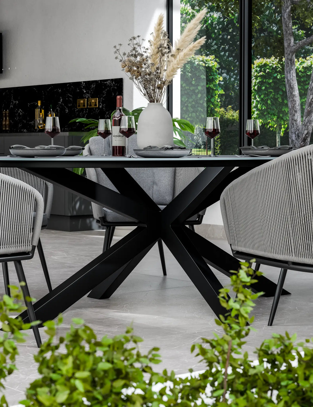 Royalcraft Outdoor Furniture Aspen 6 Seater Ellipse Ceramic Glass Dining Set with Aspen Rope Chairs House of Isabella UK