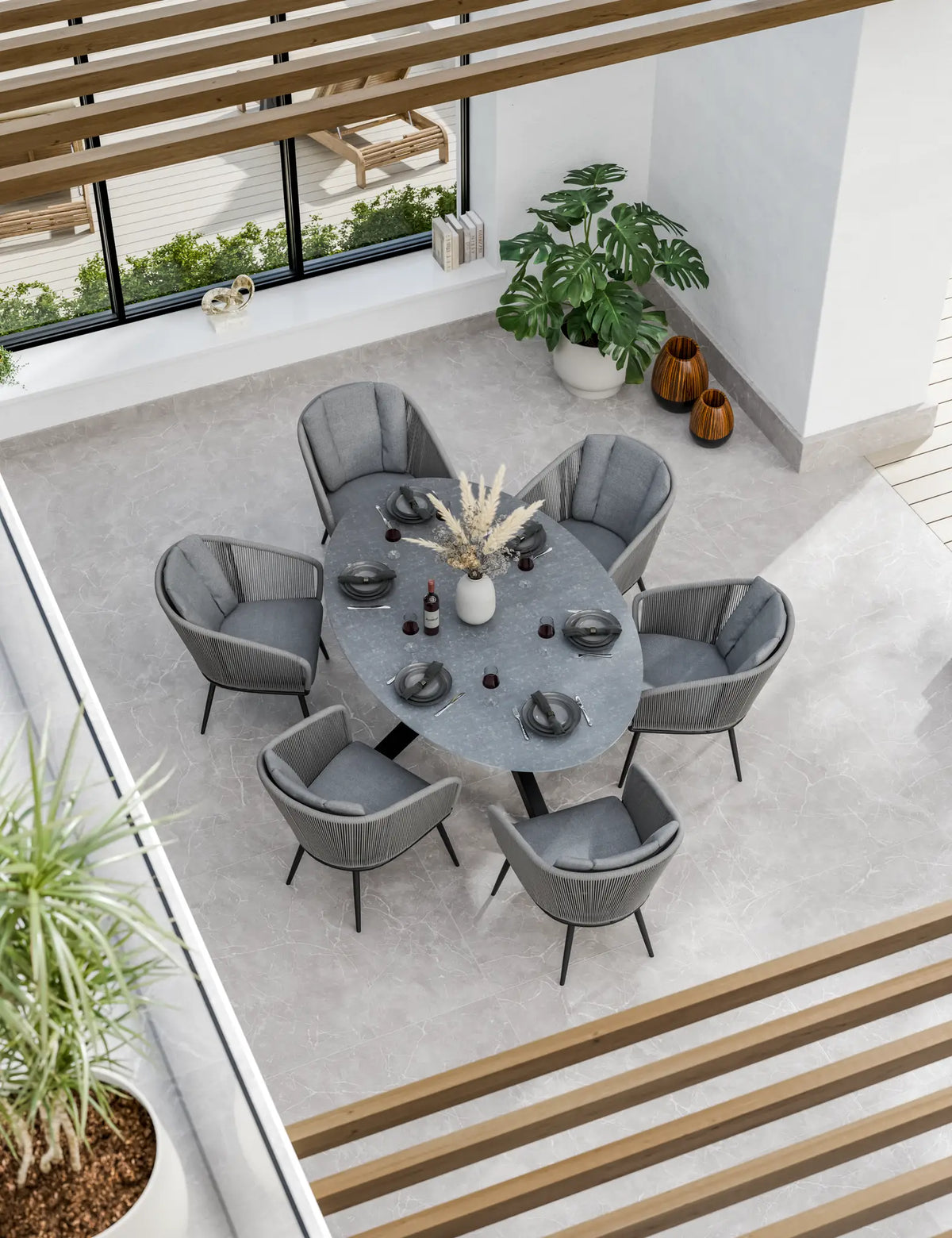 Royalcraft Outdoor Furniture Aspen 6 Seater Ellipse Ceramic Glass Dining Set with Aspen Rope Chairs House of Isabella UK