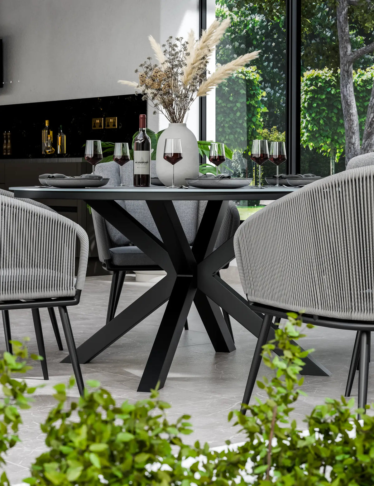 Royalcraft Outdoor Furniture Aspen 6 Seater Round Ceramic Glass Dining Set with Aspen Rope Chairs House of Isabella UK
