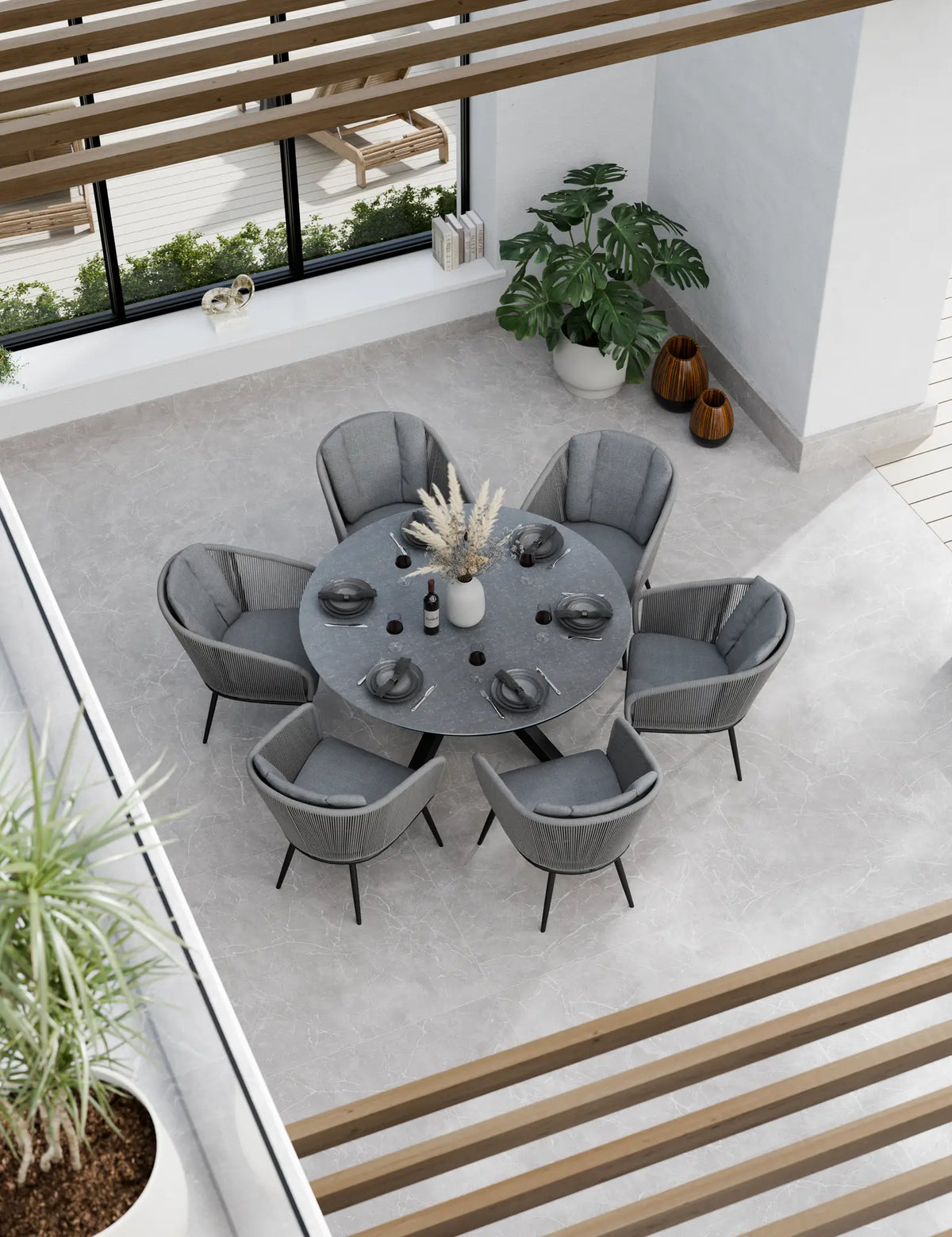 Royalcraft Outdoor Furniture Aspen 6 Seater Round Ceramic Glass Dining Set with Aspen Rope Chairs House of Isabella UK