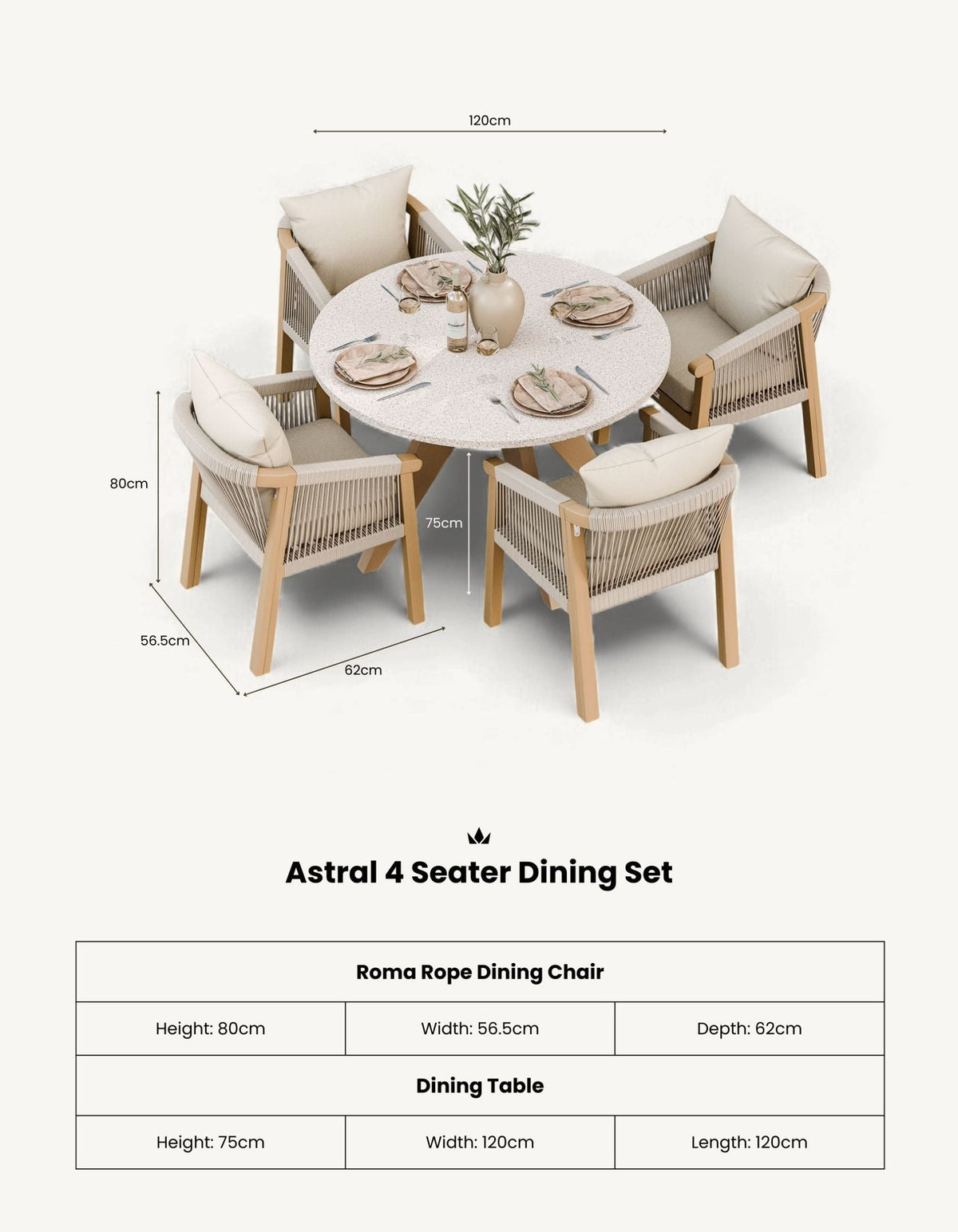 Royalcraft Outdoor Furniture Astral 4 Seater Round Concrete Terrazzo Dining Set with Roma Dining Chairs House of Isabella UK