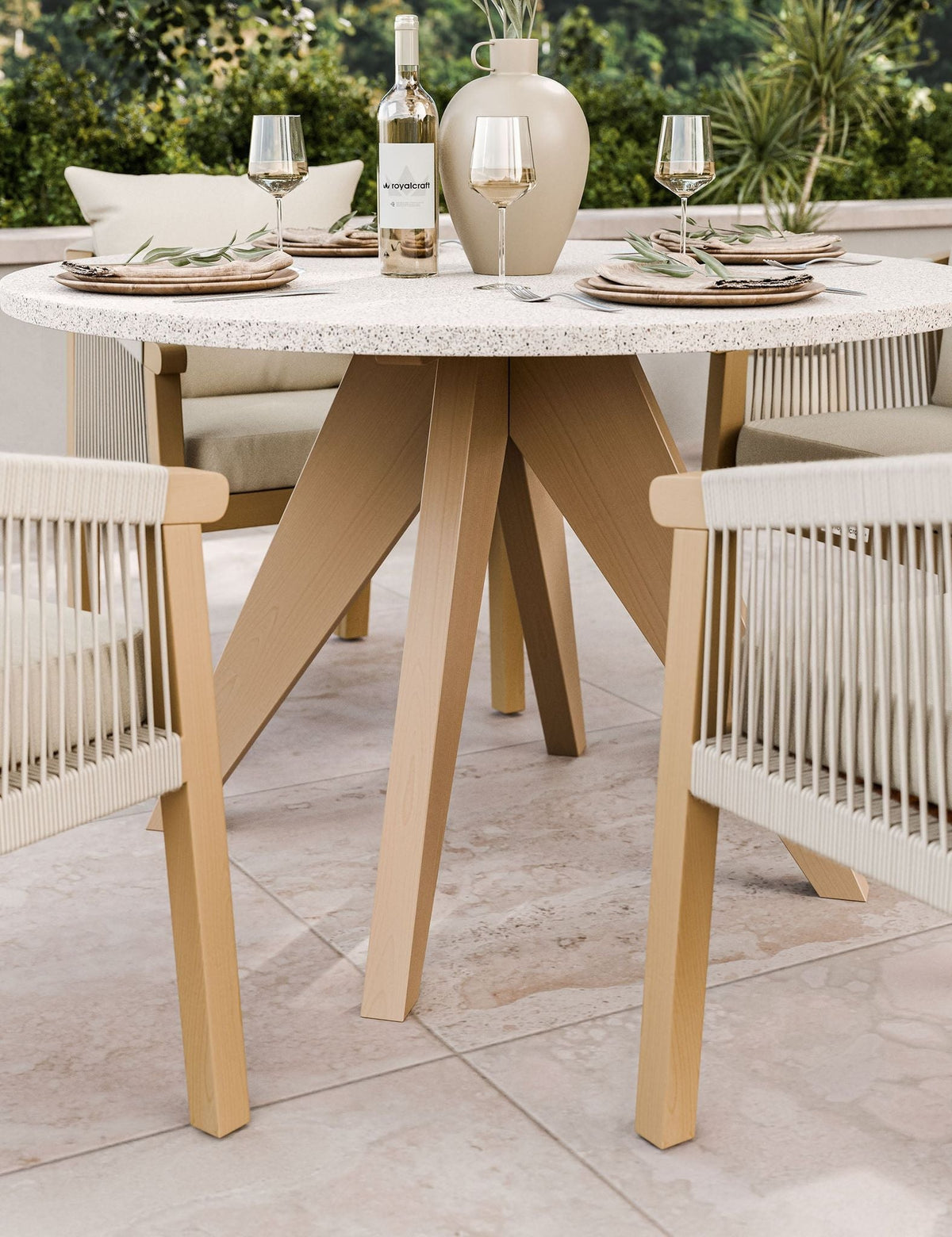 Royalcraft Outdoor Furniture Astral 4 Seater Round Concrete Terrazzo Dining Set with Roma Dining Chairs House of Isabella UK