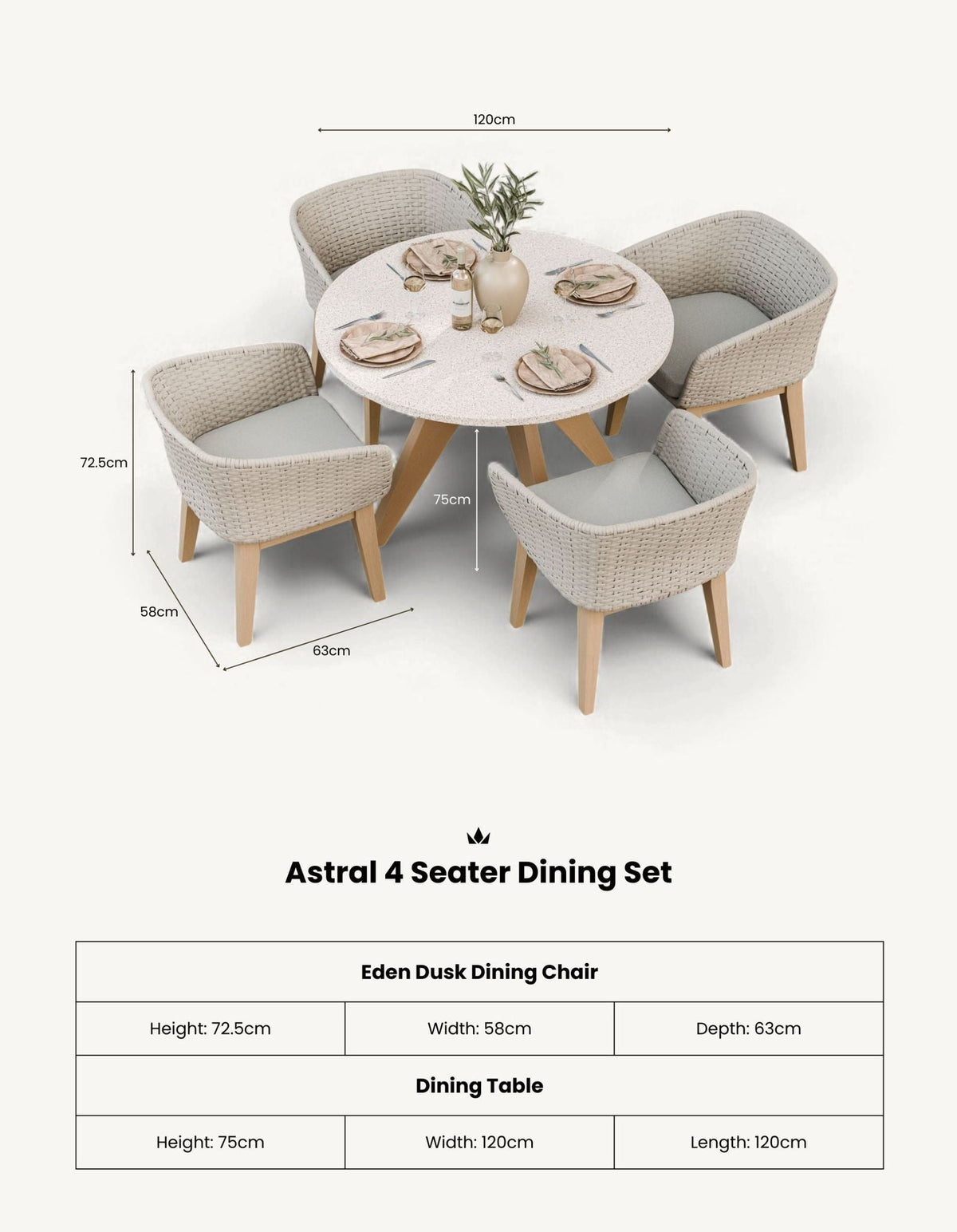 Royalcraft Outdoor Furniture Astral 4 Seater Round Terrazzo Concrete Dining Set with Eden Dusk Dining Chairs House of Isabella UK