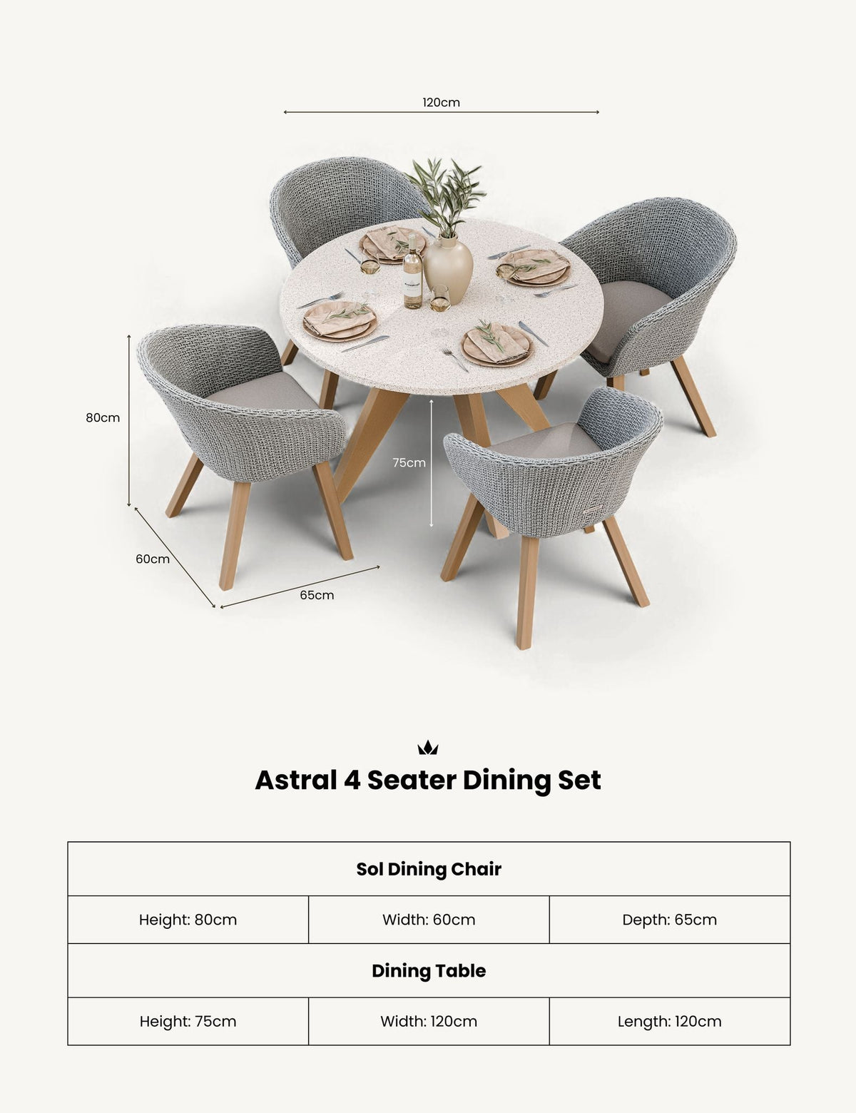 Royalcraft Outdoor Furniture Astral 4 Seater Round Terrazzo Concrete Dining Set with Sol Dining Chairs House of Isabella UK