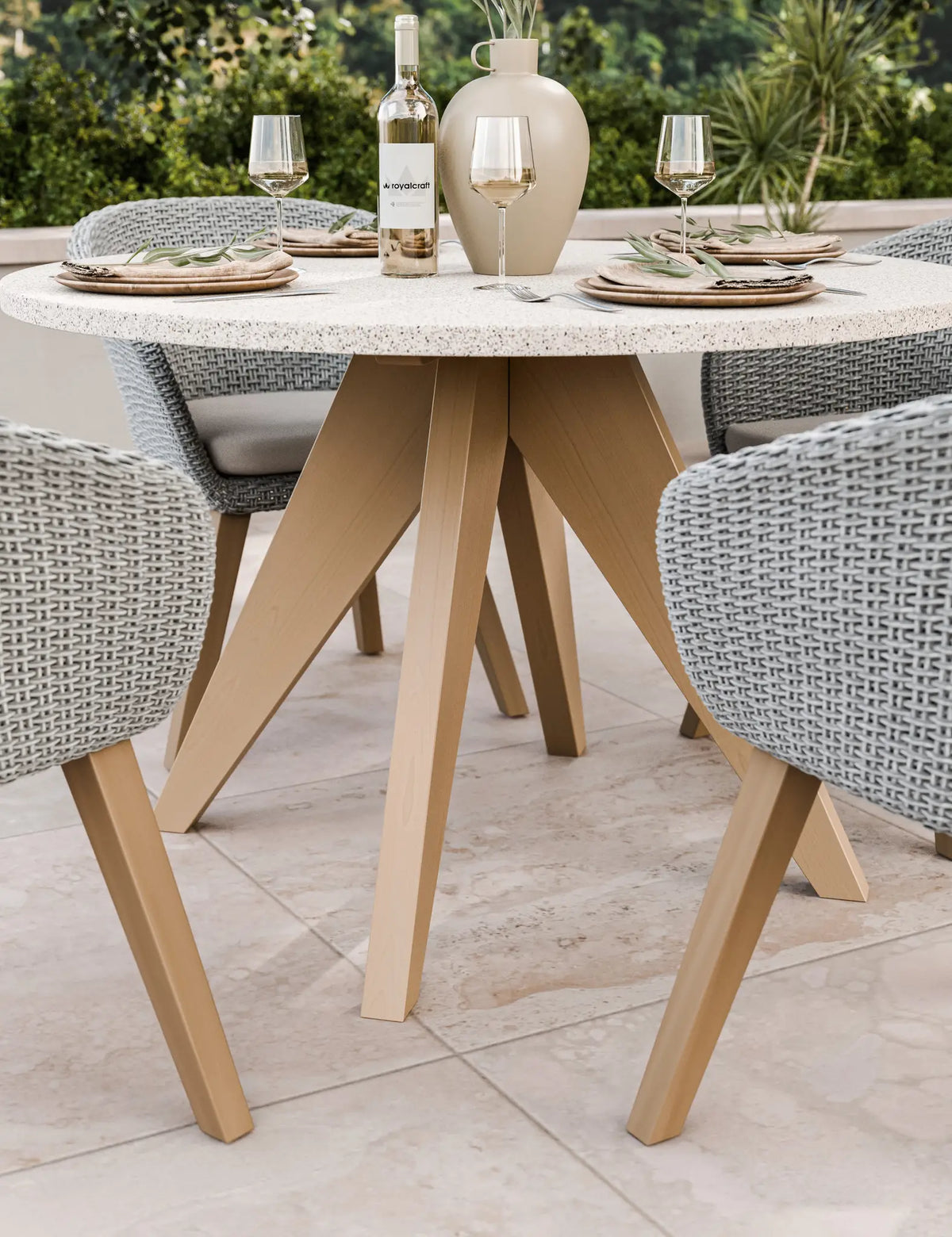 Royalcraft Outdoor Furniture Astral 4 Seater Round Terrazzo Concrete Dining Set with Sol Dining Chairs House of Isabella UK