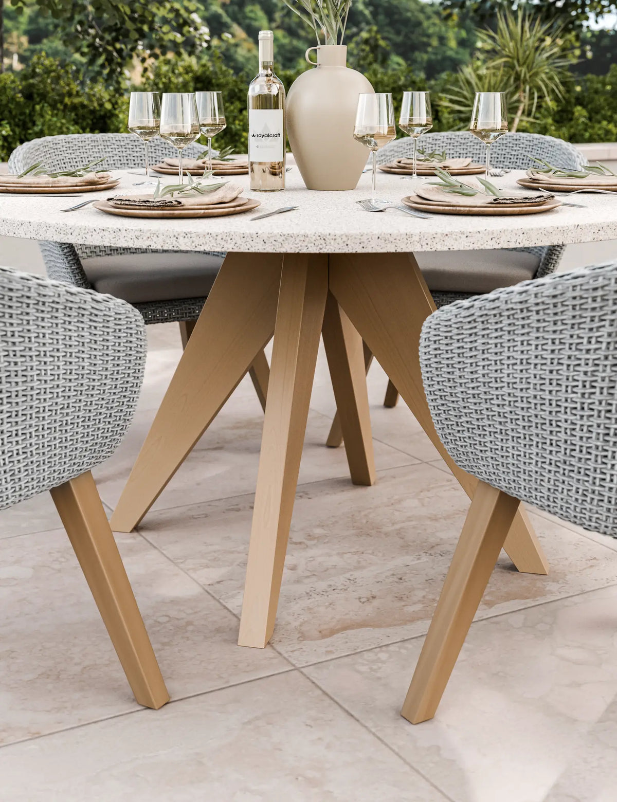 Royalcraft Outdoor Furniture Astral 6 Seater Round Concrete Terrazzo Dining Set with Sol Dining Chairs House of Isabella UK