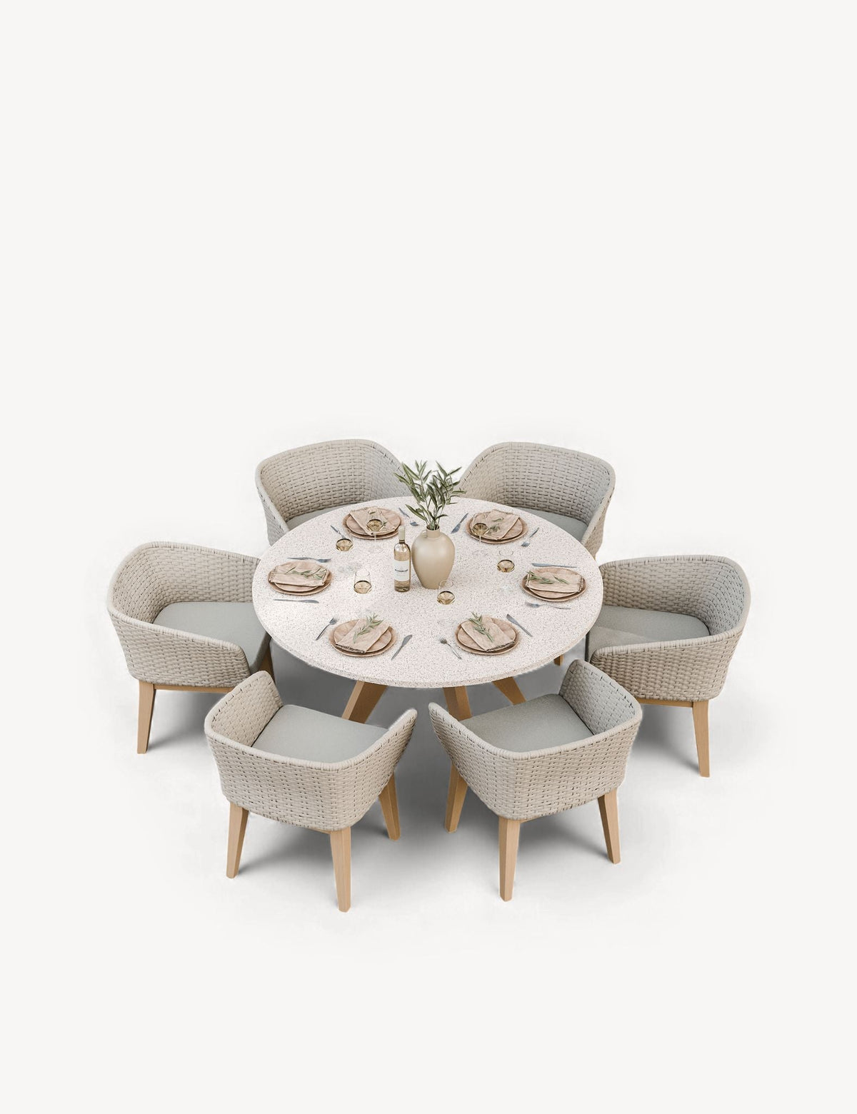Royalcraft Outdoor Furniture Astral 6 Seater Round Terrazzo Concrete Dining Set with Eden Dusk Dining Chairs House of Isabella UK