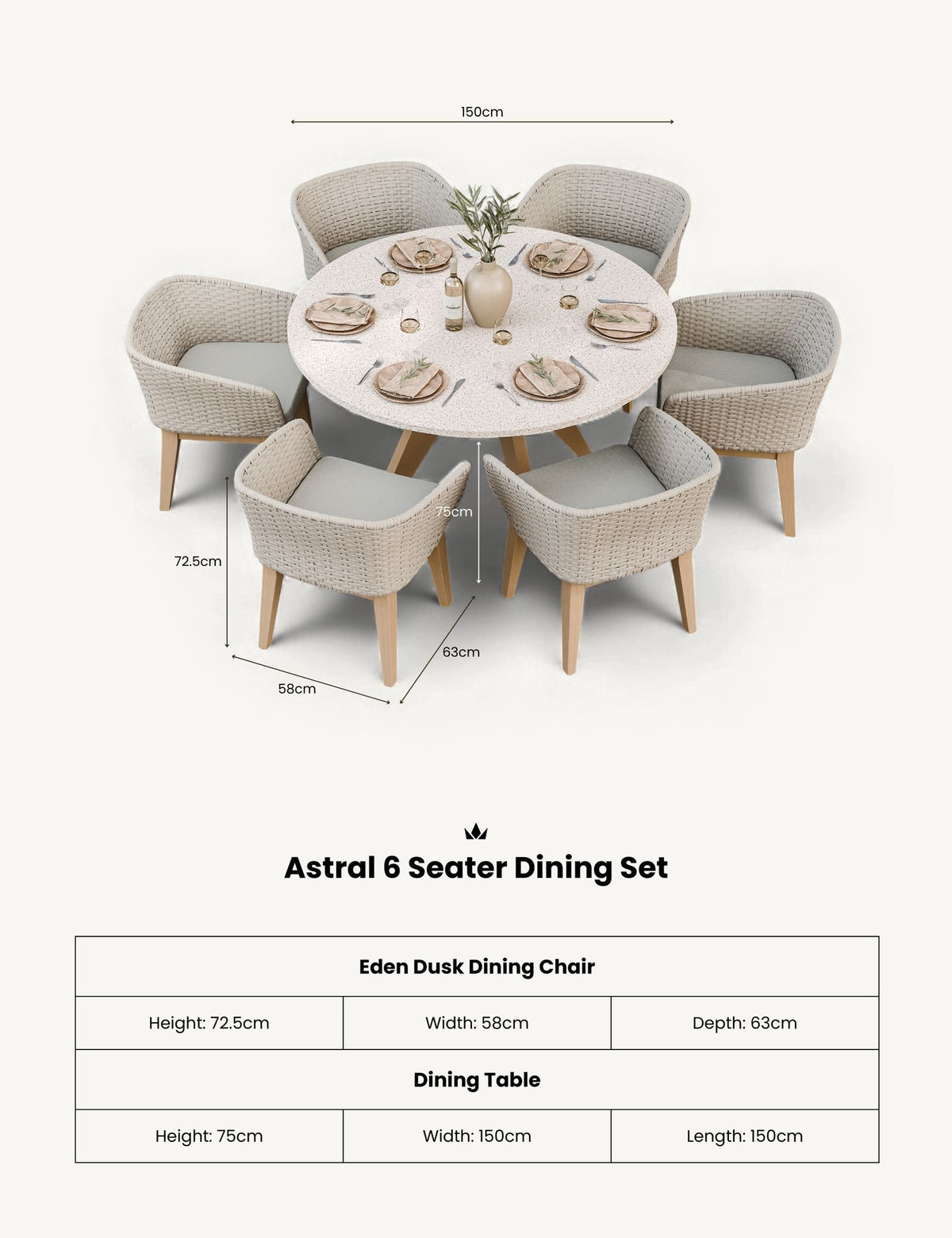 Royalcraft Outdoor Furniture Astral 6 Seater Round Terrazzo Concrete Dining Set with Eden Dusk Dining Chairs House of Isabella UK