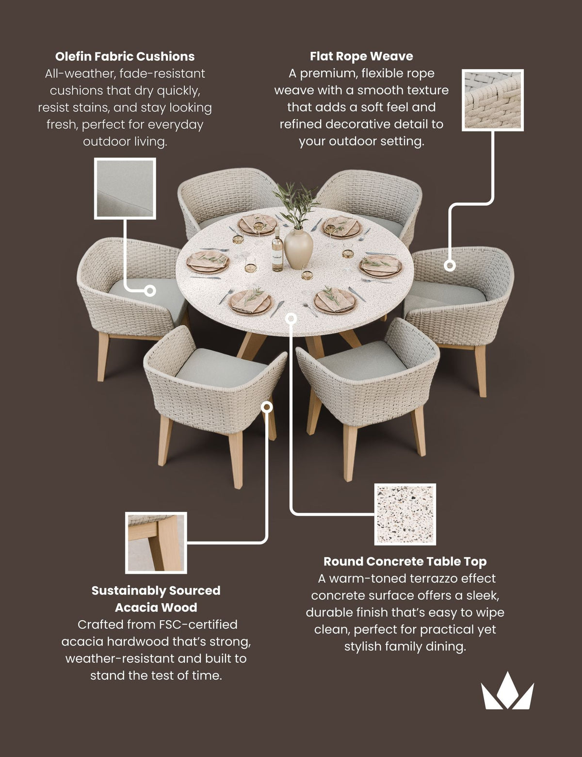 Royalcraft Outdoor Furniture Astral 6 Seater Round Terrazzo Concrete Dining Set with Eden Dusk Dining Chairs House of Isabella UK