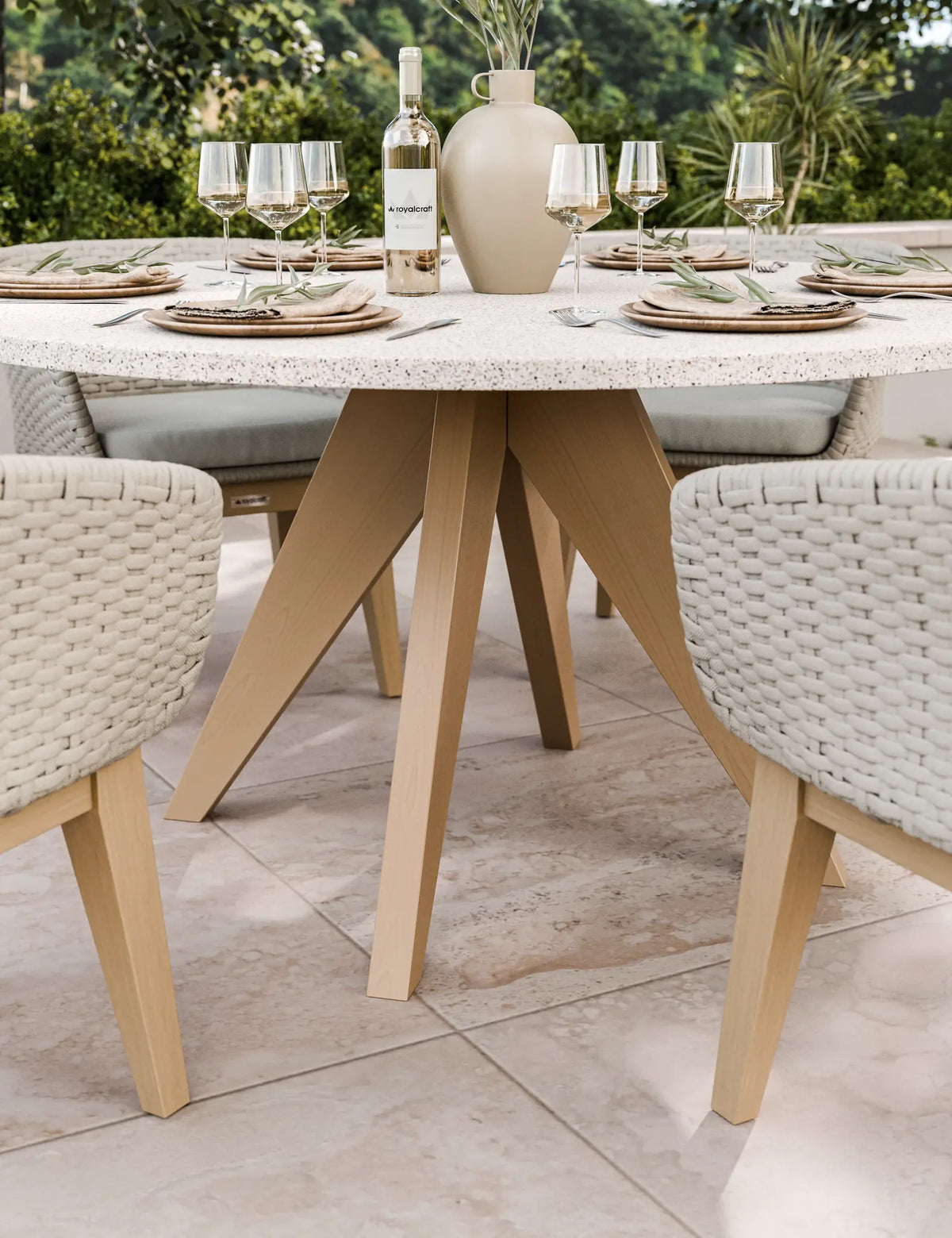 Royalcraft Outdoor Furniture Astral 6 Seater Round Terrazzo Concrete Dining Set with Eden Dusk Dining Chairs House of Isabella UK