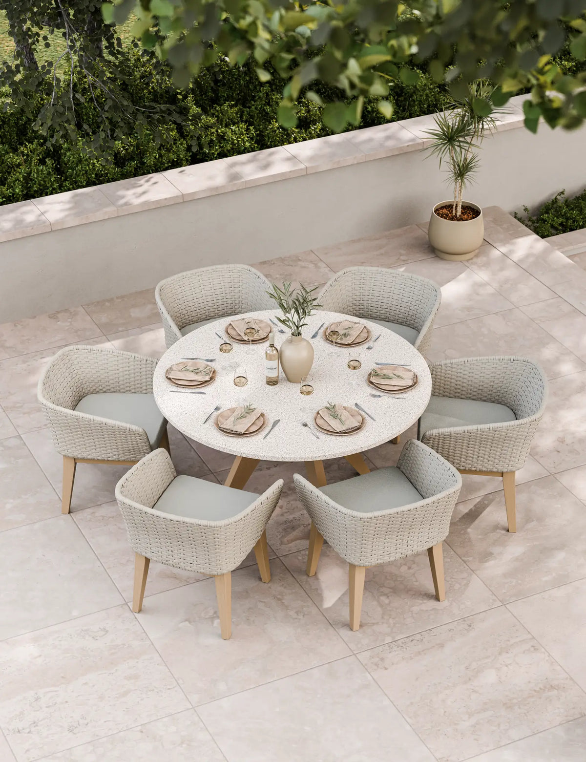 Royalcraft Outdoor Furniture Astral 6 Seater Round Terrazzo Concrete Dining Set with Eden Dusk Dining Chairs House of Isabella UK