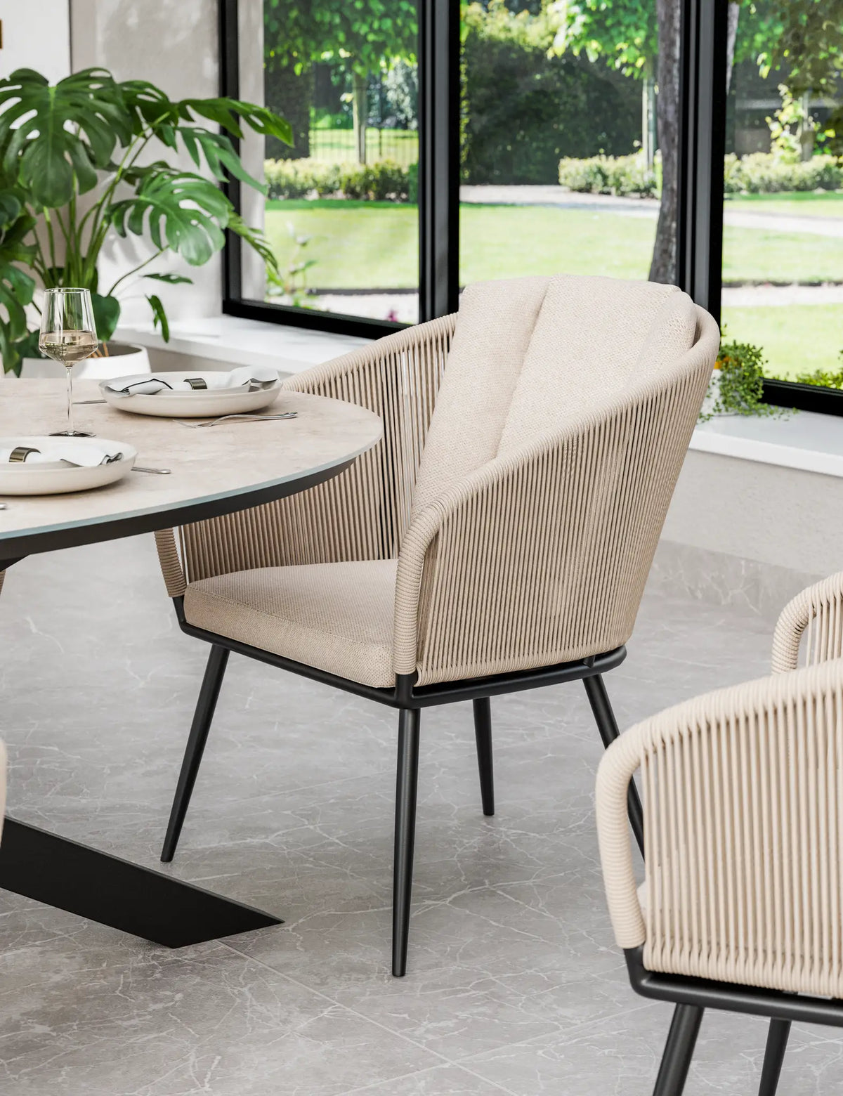 Royalcraft Outdoor Furniture Bali 6 Seater Ellipse Ceramic Glass Dining Set with Bali Rope Chairs House of Isabella UK