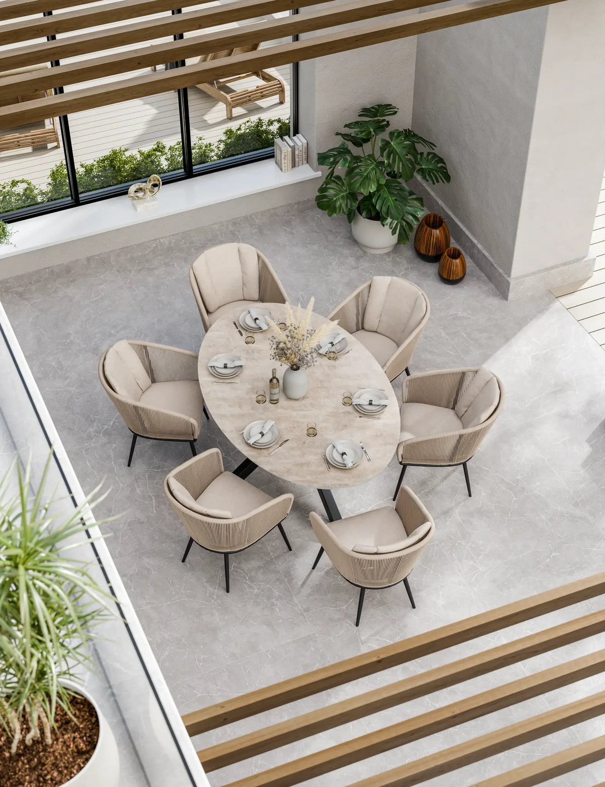 Royalcraft Outdoor Furniture Bali 6 Seater Ellipse Ceramic Glass Dining Set with Bali Rope Chairs House of Isabella UK