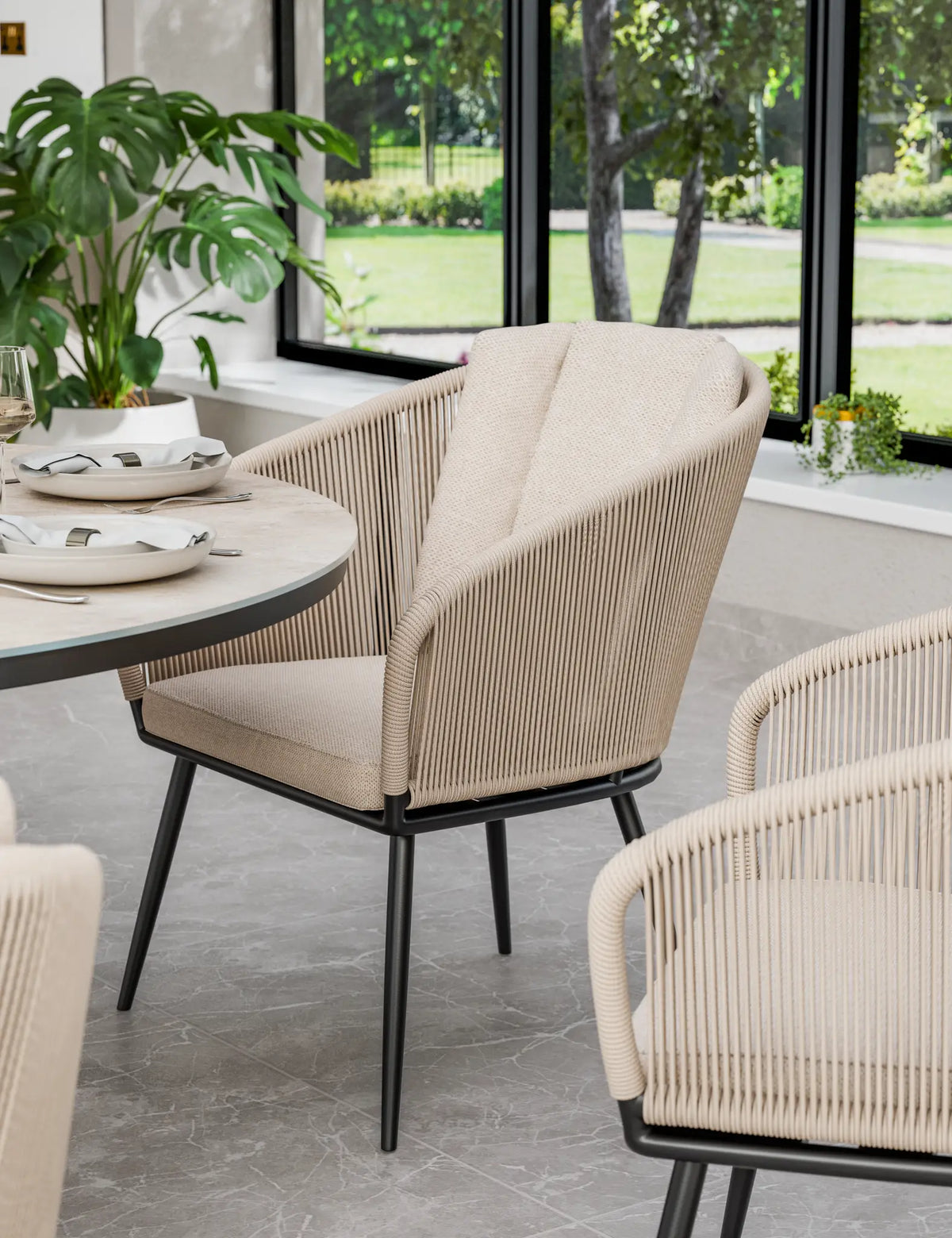 Royalcraft Outdoor Furniture Bali 6 Seater Round Ceramic Glass Dining Set with Bali Rope Chairs House of Isabella UK