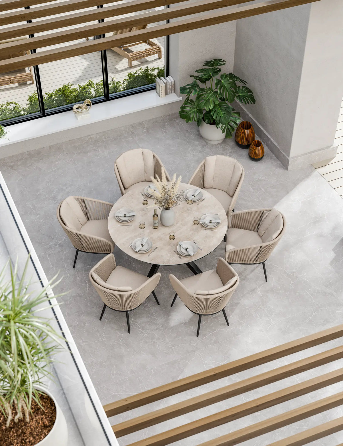 Royalcraft Outdoor Furniture Bali 6 Seater Round Ceramic Glass Dining Set with Bali Rope Chairs House of Isabella UK