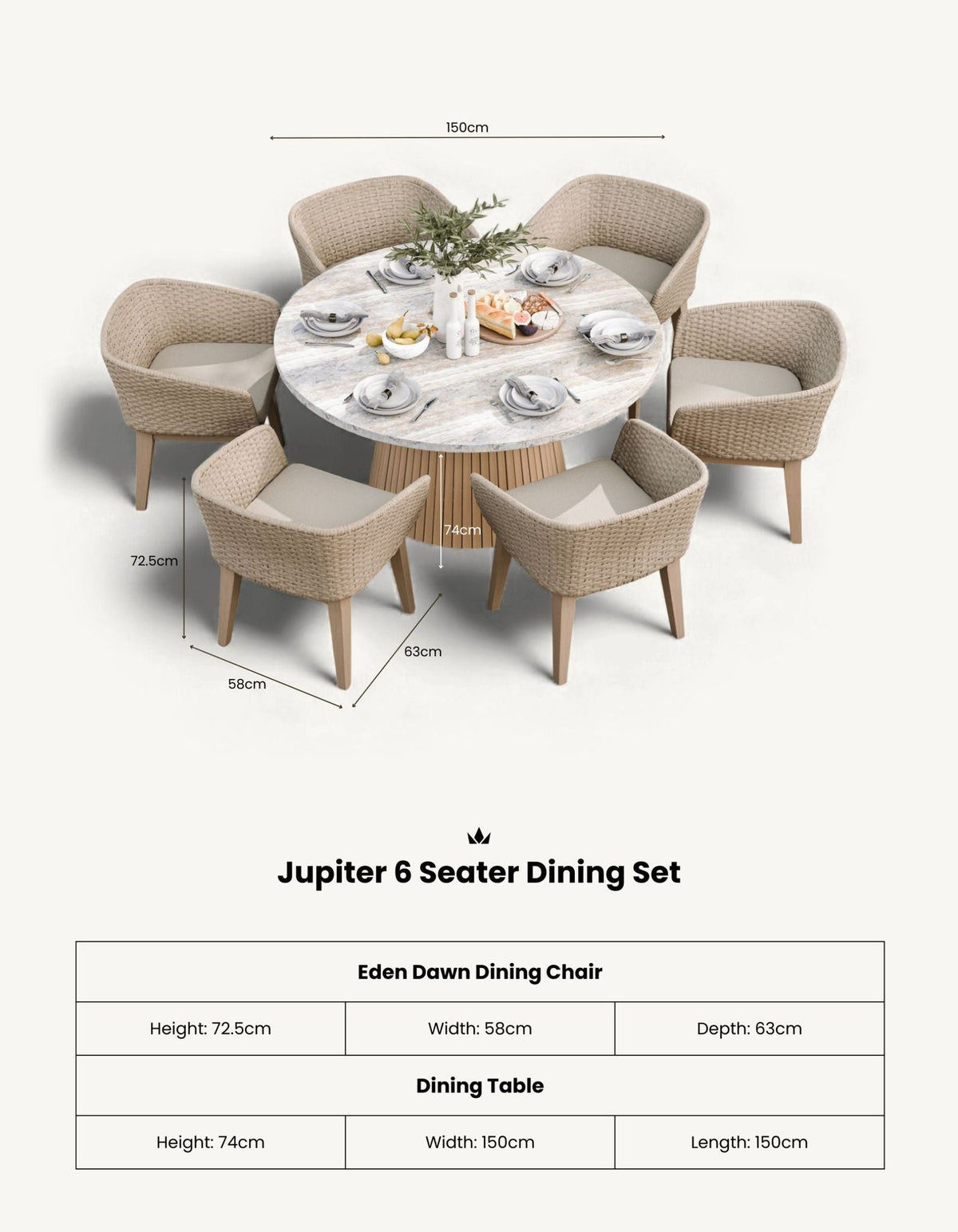 Royalcraft Outdoor Furniture Jupiter 6 Seater Round Conical Dining Set with Eden Dawn Dining Chairs House of Isabella UK