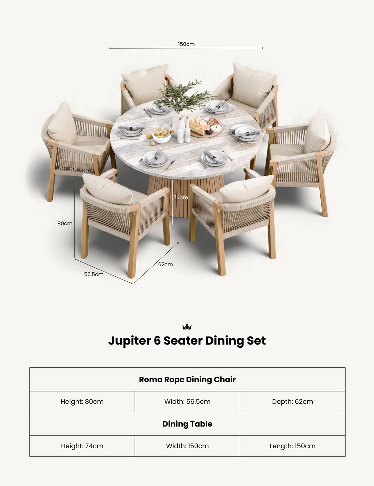 Royalcraft Outdoor Furniture Jupiter 6 Seater Round Conical Dining Set with Roma Dining Chairs House of Isabella UK
