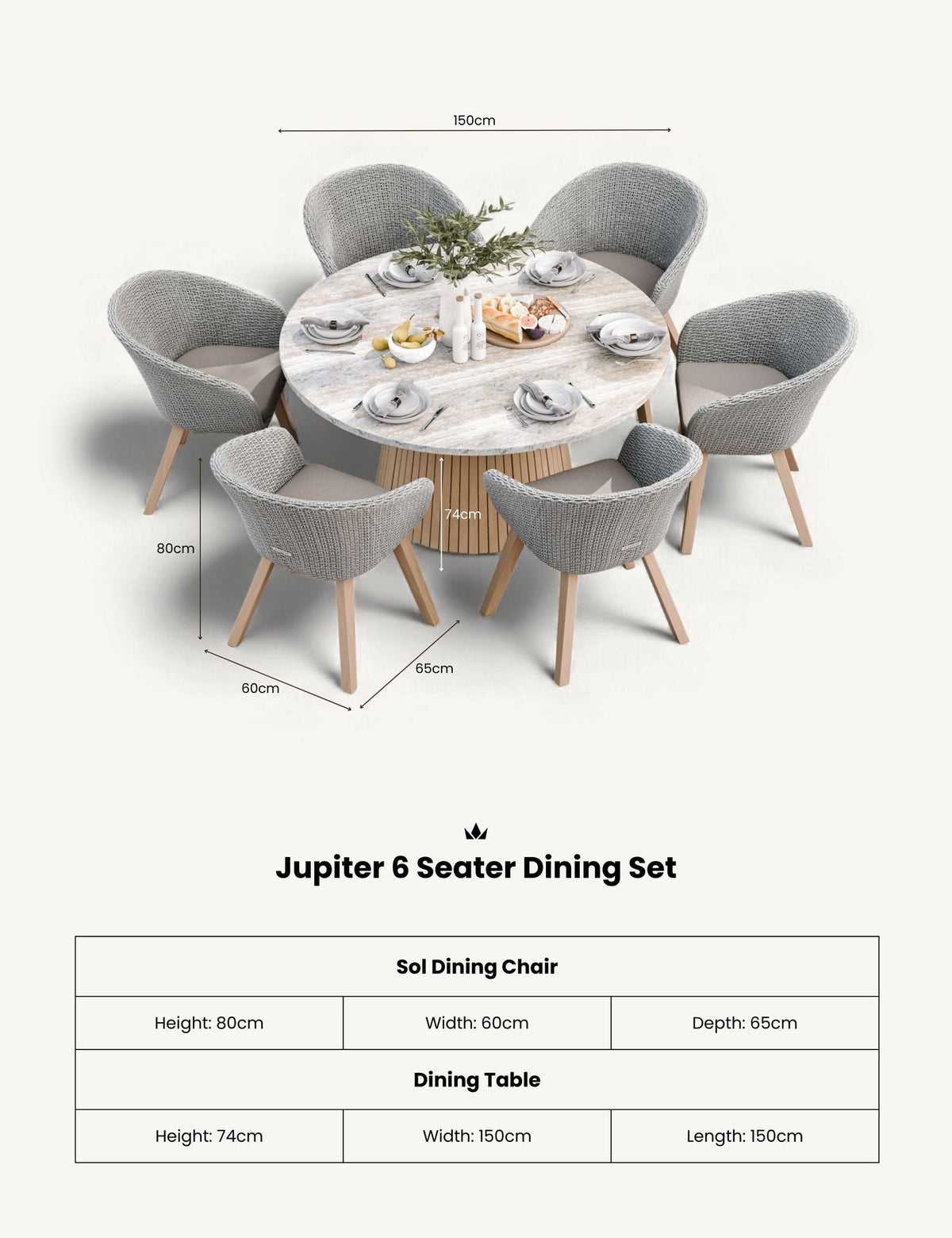 Royalcraft Outdoor Furniture Jupiter 6 Seater Round Conical Dining Set with Sol Dining Chairs House of Isabella UK