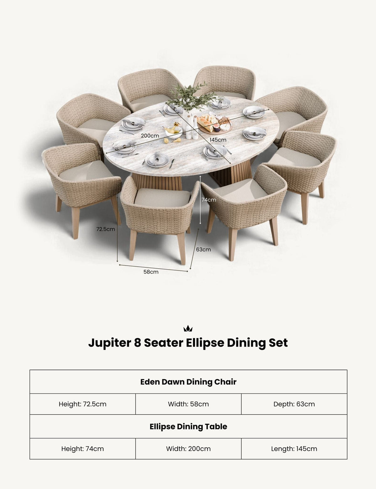 Royalcraft Outdoor Furniture Jupiter 8 Seater Ellipse D Conical Dining Set with Eden Dawn Dining Chairs House of Isabella UK