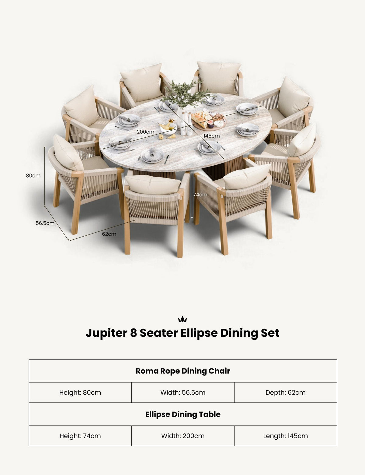 Royalcraft Outdoor Furniture Jupiter 8 Seater Ellipse D Conical Dining Set with Roma Dining Chairs House of Isabella UK