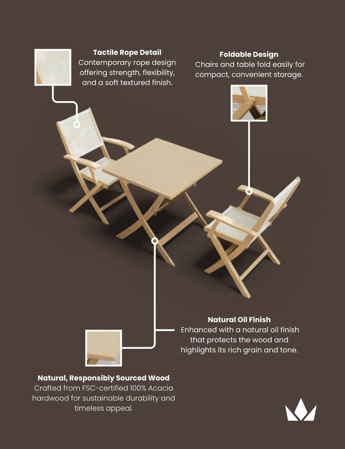 Royalcraft Outdoor Furniture London 2 Seater Square Folding Bistro Set with London Rope Folding Armchairs House of Isabella UK